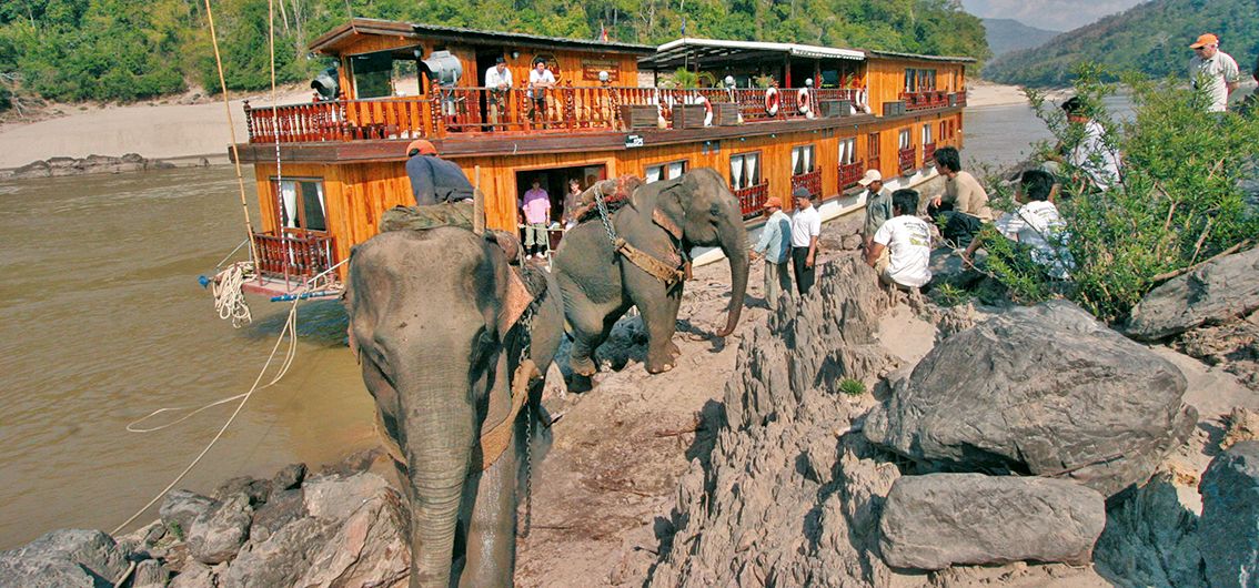 Elefanten beim Holztransport in Laos