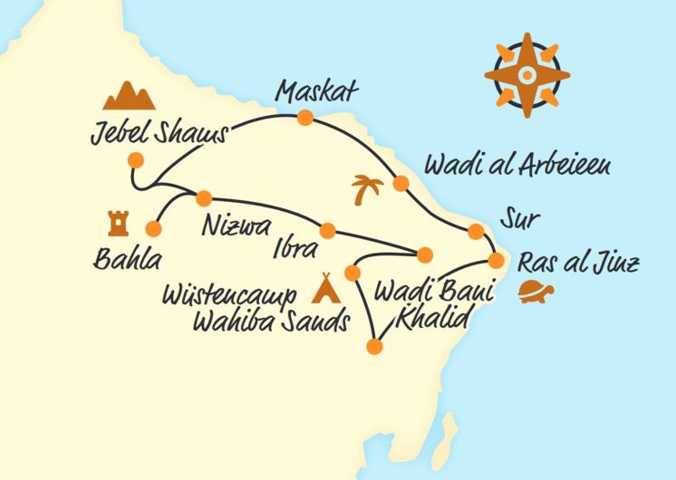 Belvelo-Reiseverlauf Karte Oman