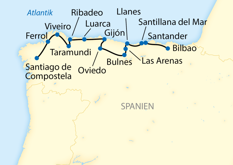 Karte_Costa Verde Express_Zwischen Santiago de Compostela und Bilbao_2497_2498