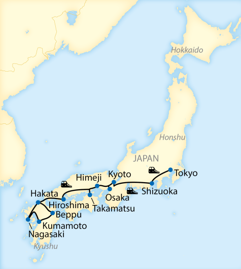 Karte_Japan-Zugreise Honshu, Shikoku und Kyushu_3004_2026