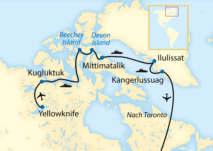 Karte Schiffsreise Nordwest-Passage (West -Ost)